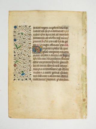 TEXT IN LATIN. LEAVES FROM A. MEDIEVAL ILLUMINATED VELLUM MANUSCRIPT BOOK.