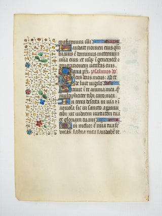 TEXT IN LATIN. LEAVES FROM A. MEDIEVAL ILLUMINATED VELLUM MANUSCRIPT BOOK.