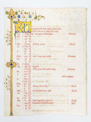 TEXT FROM JULY AND AUGUST. A MEDIEVAL ILLUMINATED VELLUM CALENDAR LEAF FROM THE.