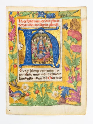 TEXT FROM THE HOURS OF THE HOLY SPIRIT. A MEDIEVAL ILLUMINATED VELLUM MANUSCRIPT LEAF FROM A.