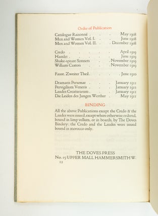 CATALOGUE RAISONNÉ OF BOOKS PRINTED AND PUBLISHED AT THE DOVES PRESS 1900-1911.