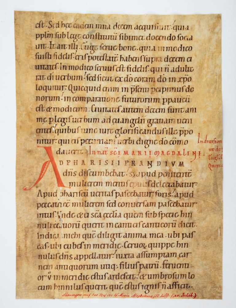 (ST20617b) TEXT FROM THE FEAST OF MARY MAGDALENE. A VELLUM MANUSCRIPT LEAF FROM A....