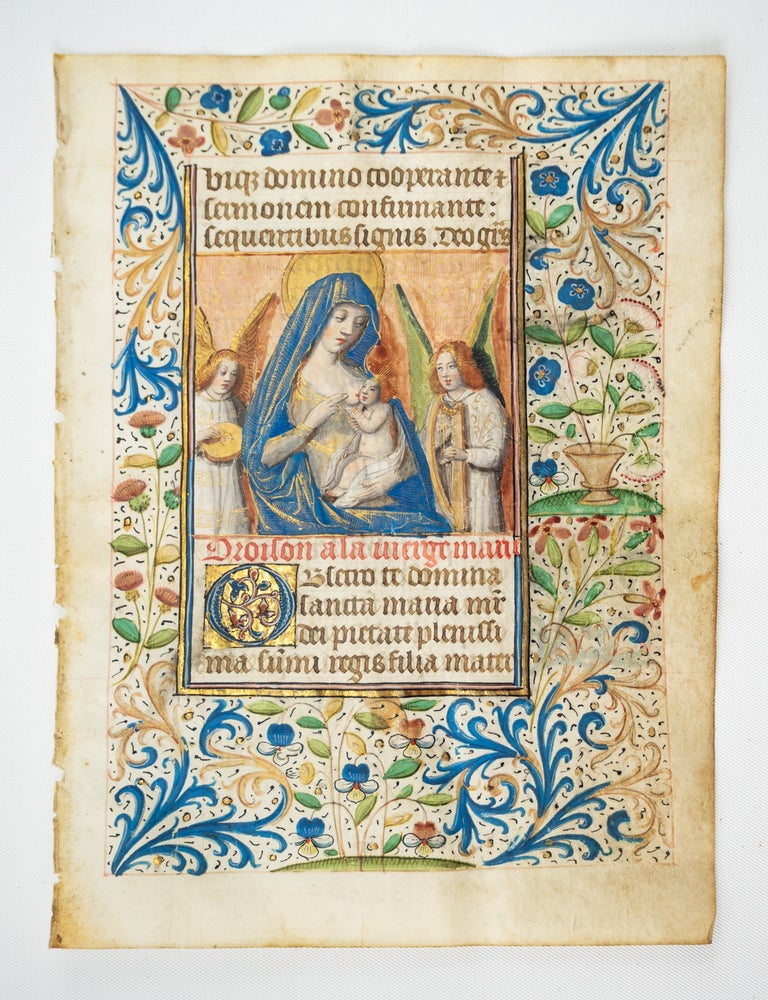 (ST20810M) TEXT FROM "OBSECRO TE.". WITH A. MINIATURE OF THE VIRGIN AND CHILD A MEDIEVAL VELLUM MANUSCRIPT LEAF FROM A. BOOK OF HOURS IN LATIN AND FRENCH.