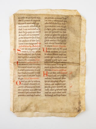 WITH TEXT IN LATIN FROM THE "SENTENTIAE" OF PETER LOMBARD. RECOVERED FROM A MEDIEVAL ILLUMINATED VELLUM MANUSCRIPT LEAF.