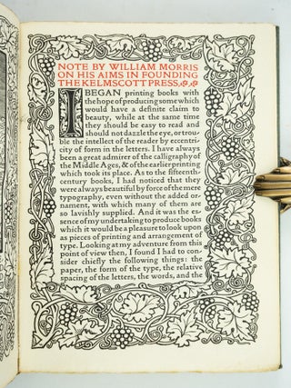 A NOTE BY WILLIAM MORRIS ON HIS AIMS IN FOUNDING THE KELMSCOTT PRESS. TOGETHER WITH A SHORT DESCRIPTION OF THE PRESS BY S. C. COCKERELL, AND AN ANNOTATED LIST OF THE BOOKS PRINTED THEREAT.