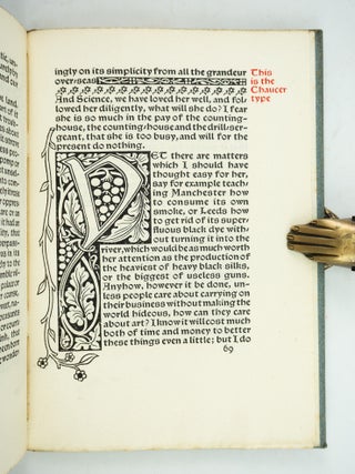 A NOTE BY WILLIAM MORRIS ON HIS AIMS IN FOUNDING THE KELMSCOTT PRESS. TOGETHER WITH A SHORT DESCRIPTION OF THE PRESS BY S. C. COCKERELL, AND AN ANNOTATED LIST OF THE BOOKS PRINTED THEREAT.