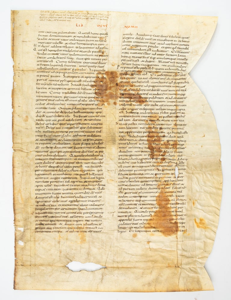 (ST20967a) WITH TEXT FROM DEUTERONOMY. A MEDIEVAL VELLUM MANUSCRIPT LEAF FROM A. GRAND...