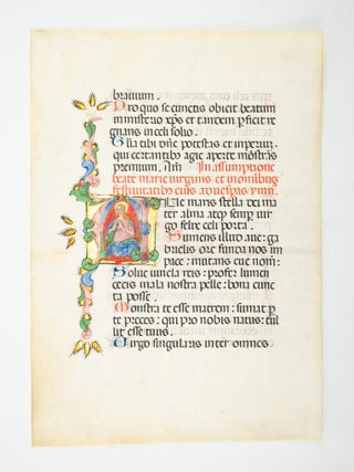WITH TEXT FROM "AVE MARIS STELLA.&quot. A MEDIEVAL ILLUMINATED VELLUM MANUSCRIPT LEAF FROM A.