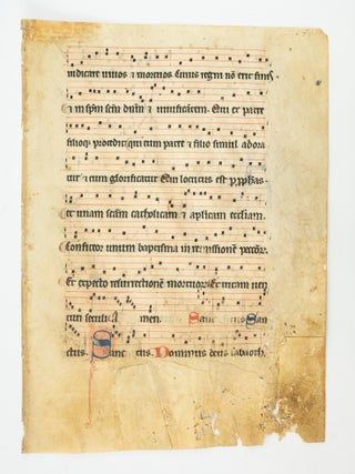 TEXT IN LATIN. LEAVES FROM A. MEDIEVAL VELLUM MANUSCRIPT CHOIR BOOK.