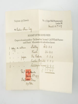 A SUBSTANTIAL MANUSCRIPT LETTER FROM T. J. COBDEN-SANDERSON, WITH ORIGINAL DOVES PRESS RECEIPT AND FOUR PAGES OF RUBBINGS FOR SPECIAL DOVES BINDINGS.