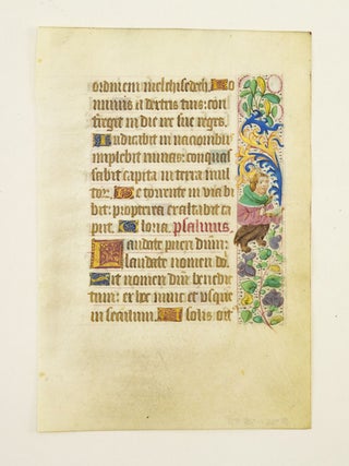 FROM A BOOK OF HOURS IN LATIN. AN ILLUMINATED VELLUM MANUSCRIPT LEAF WITH MARGINAL FIGURES.